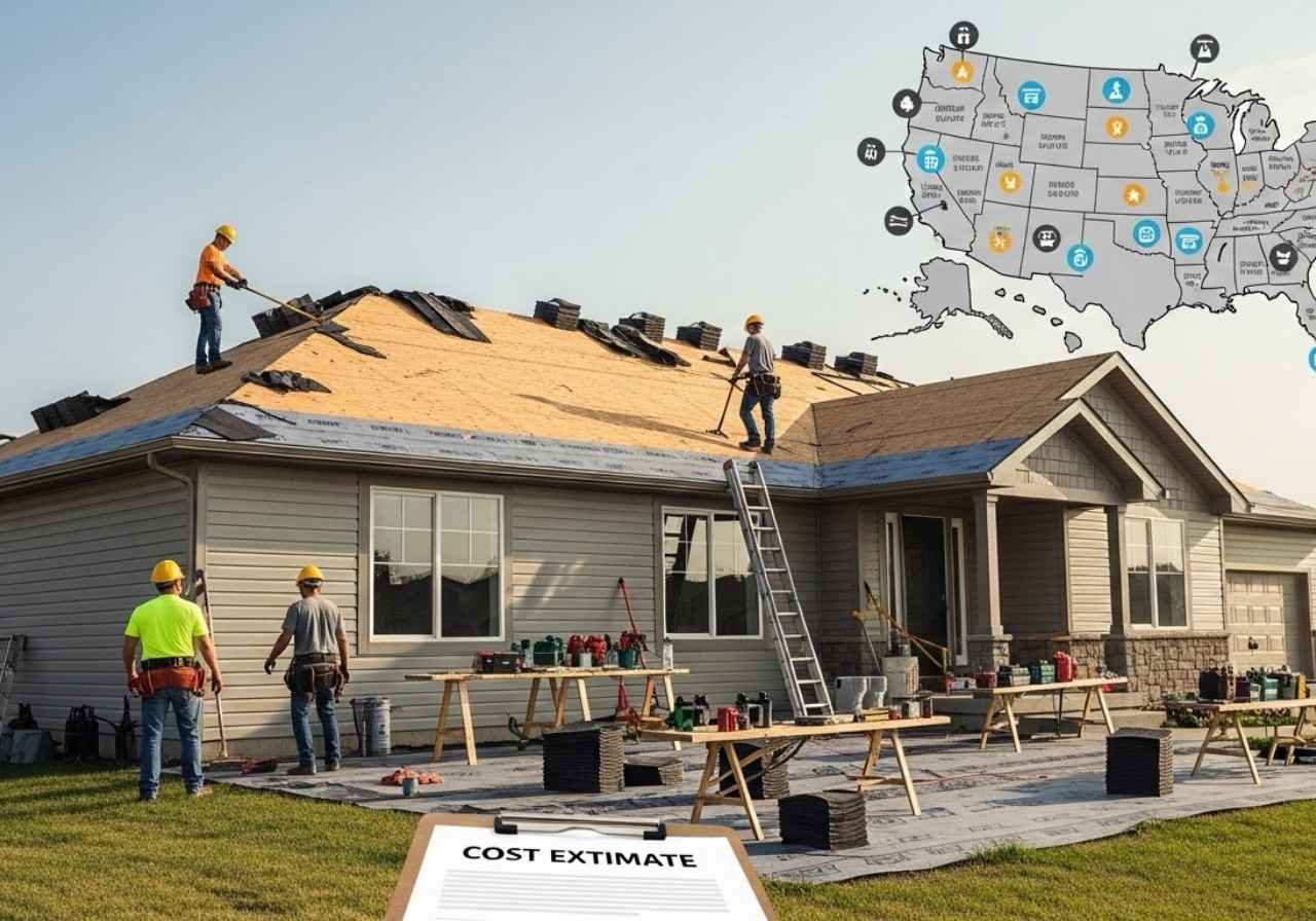Roof replacement scene with workers and U.S. map showing average cost variations by region.