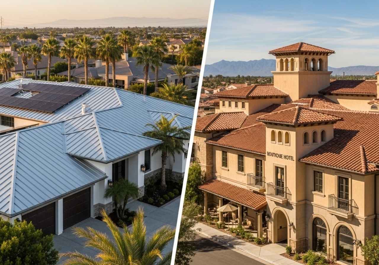 Comparison of a metal-roofed modern home and a tile-roofed commercial building in sunny settings.
