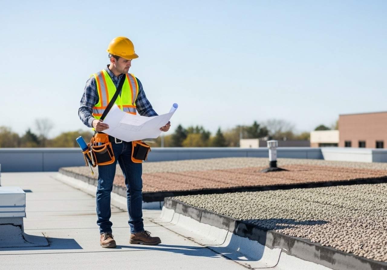 Roofing expert inspecting a flat roof with built-up roofing layers, evaluating suitability for the property.