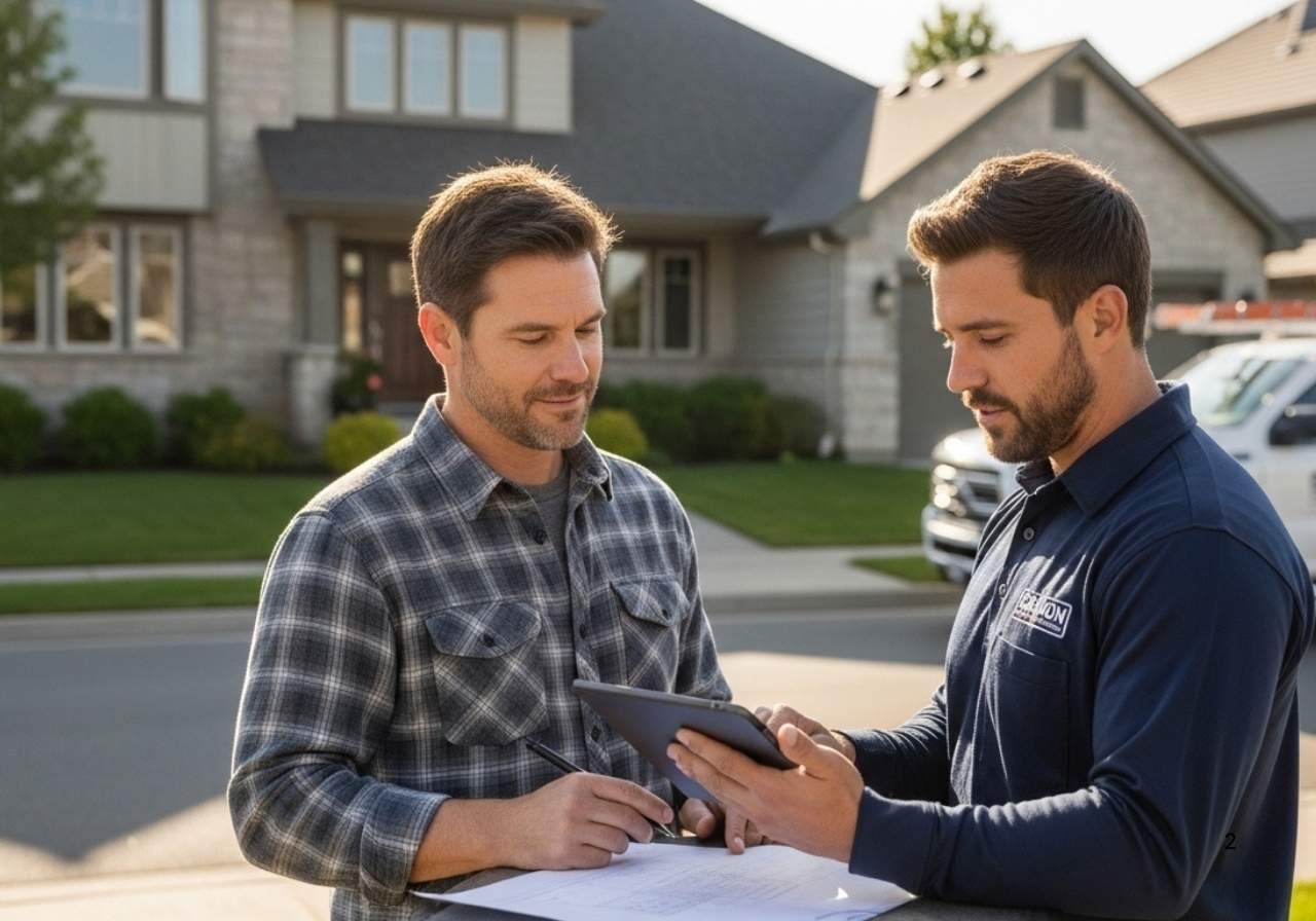 Homeowner planning a roof replacement with a professional roofing contractor on a sunny day.