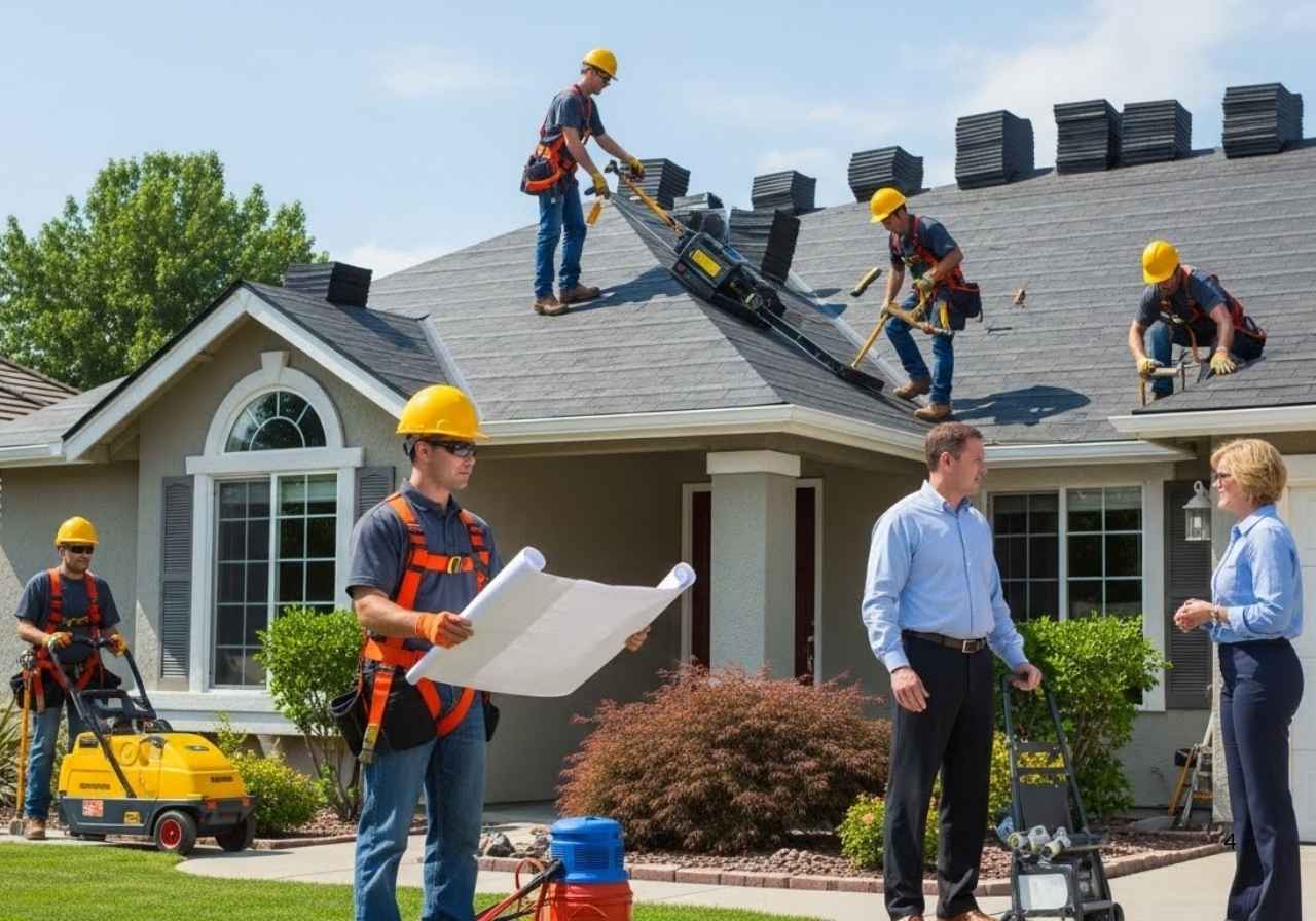 Roofing contractors installing a new roof on a suburban home with homeowner consultation on-site.