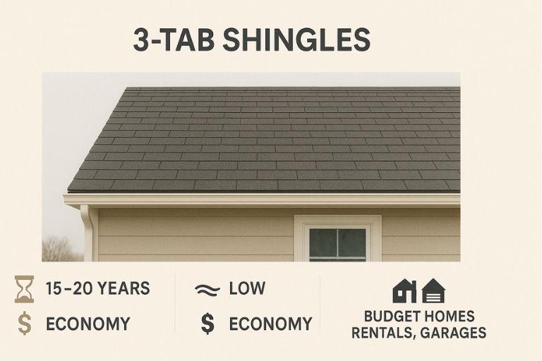 3-tab asphalt shingles on a budget-friendly home with icons showing lifespan, wind resistance, and economy pricing