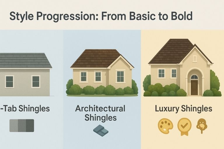 Visual comparison of asphalt shingle styles from flat 3-tab to textured architectural and designer luxury roofs