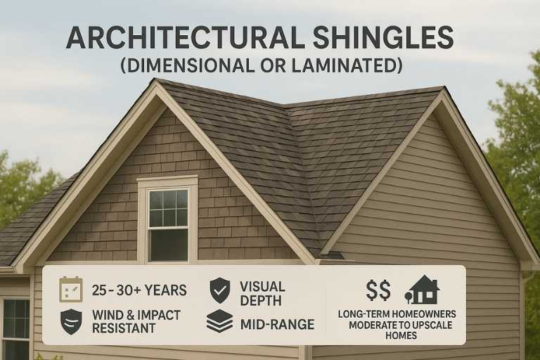 Architectural shingles on a mid-range home showing layered texture, wind resistance, and 25–30 year roof durability