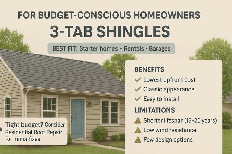 3-tab shingle roof on a budget-friendly home with labeled benefits and limitations for affordable roofing needs