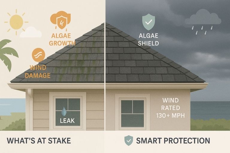 Roof comparison graphic showing shingle damage risks in Florida versus protected fiberglass shingles under coastal conditions