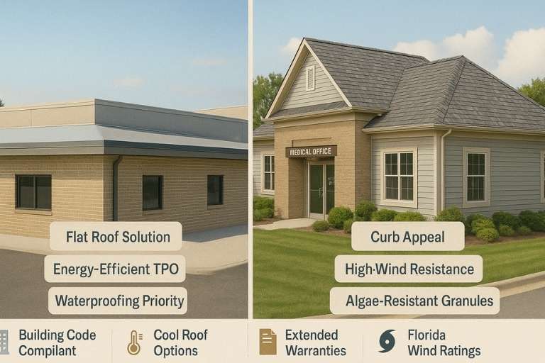 Split graphic showing flat roof with TPO and steep-slope roof with shingles for different commercial roofing needs