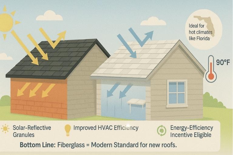 Cool roof shingles reflecting sunlight to reduce heat absorption and improve energy efficiency in hot climates