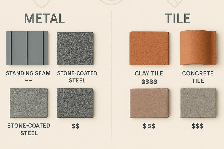 Side-by-side samples of metal and tile roofing materials with labeled costs and icons for durability and appearance.