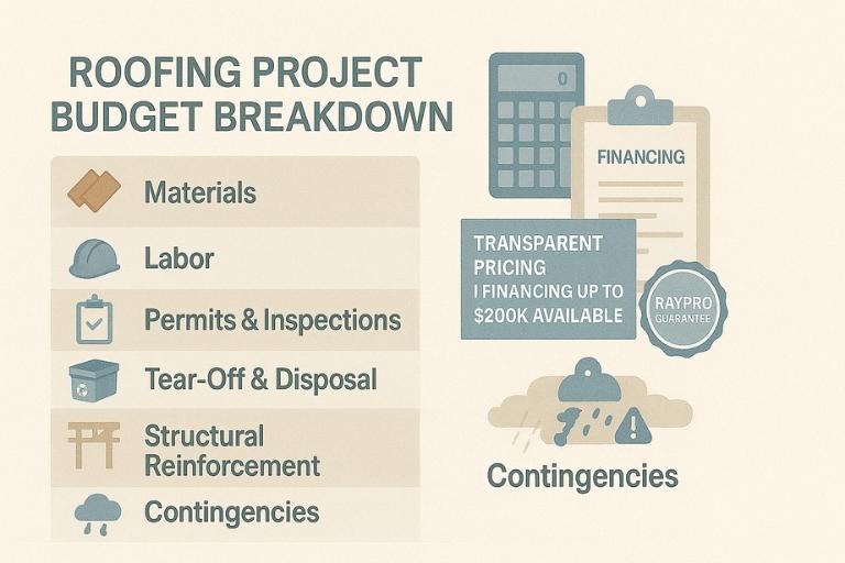 Infographic showing roofing project cost breakdown and financing options with RayPro’s transparent pricing approach.