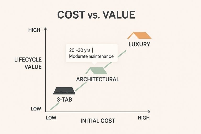 Cost vs. value chart comparing 3-tab, architectural, and luxury asphalt shingles by price and long-term performance