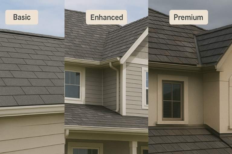 Three rooftops showing 3-tab, architectural, and luxury shingles with increasing curb appeal and roof design quality