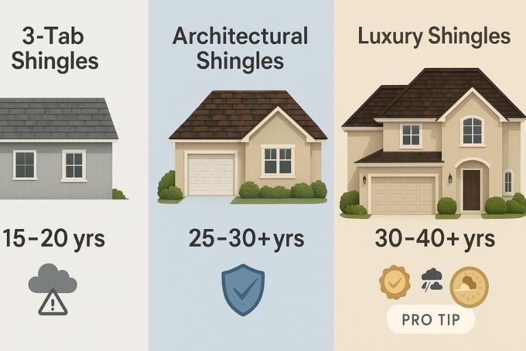 Side-by-side comparison of 3-tab, architectural, and luxury asphalt shingles with lifespan and durability indicators