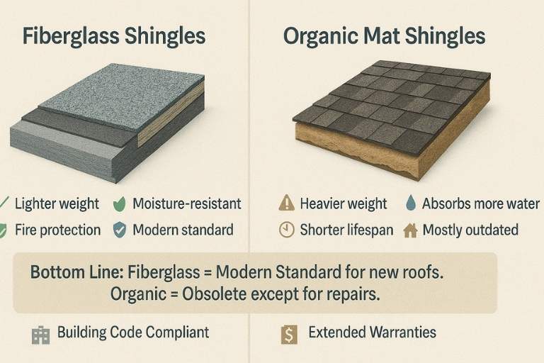 Side-by-side comparison of fiberglass vs. organic shingles showing material layers, durability, and moisture resistance