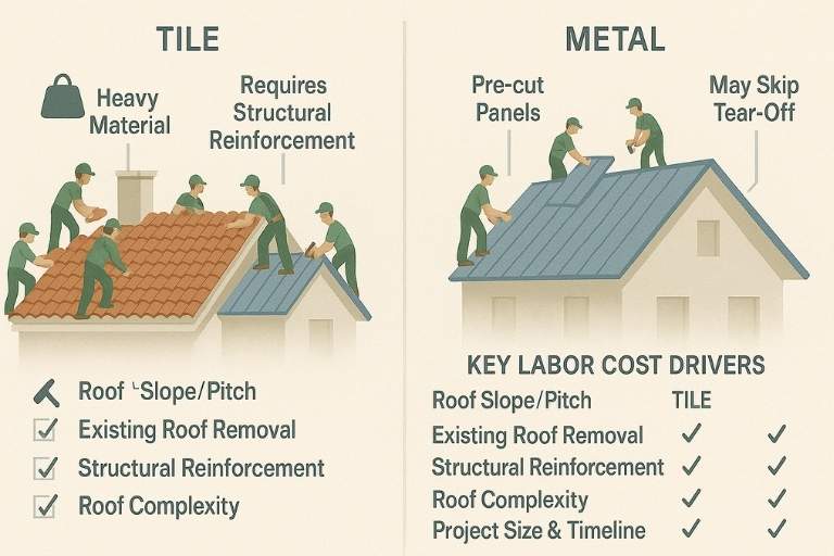 Side-by-side graphic comparing metal and tile roof installation complexity and key labor cost factors.