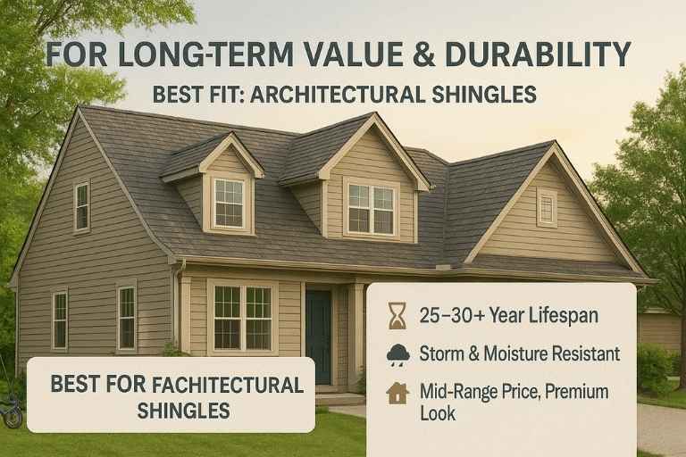Architectural shingle roof on a family home with labels for durability, weather resistance, and long-term value benefits