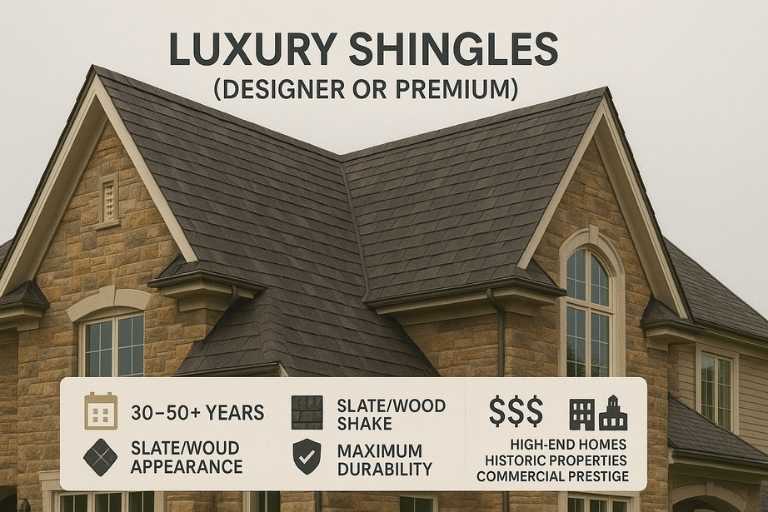 Luxury shingles on an upscale home roof, styled like slate or wood shake, with icons for lifespan, durability, and design appeal