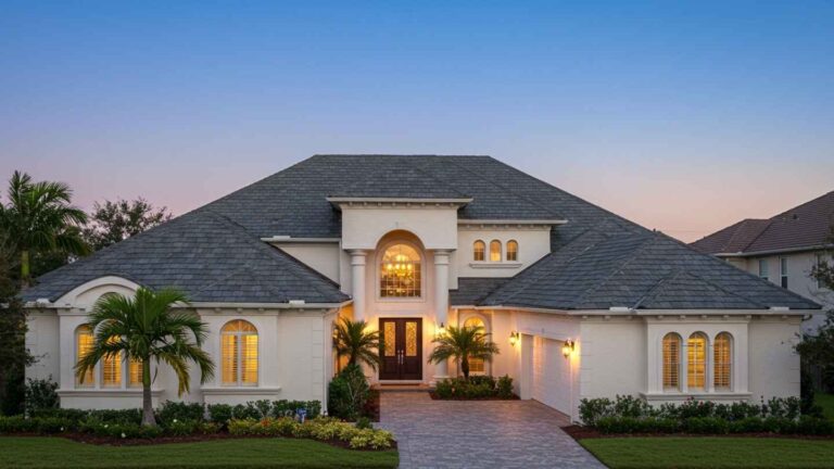 Florida estate with luxury asphalt shingles on upscale roof, showcasing curb appeal and premium roofing materials