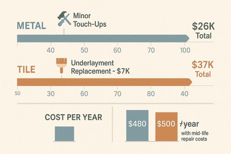 Timeline graphic comparing metal vs tile roof lifespan, maintenance events, and total long-term roofing cost.