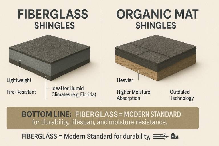 Cutaway diagram comparing fiberglass vs. organic asphalt shingles by material layers and moisture resistance