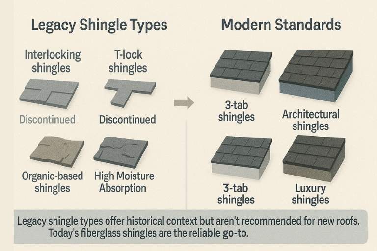Timeline graphic comparing outdated shingle types like T-lock with modern fiberglass shingles used in today’s roofing