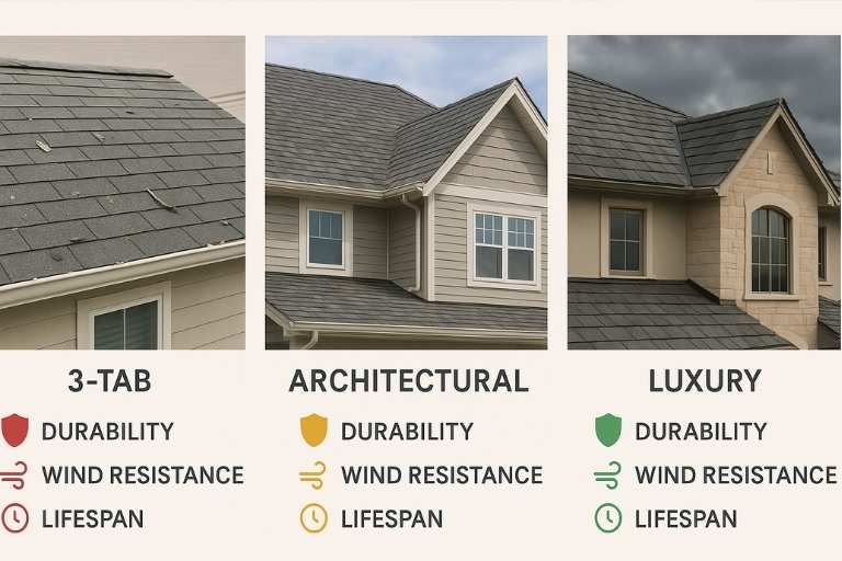 Side-by-side roofs showing 3-tab, architectural, and luxury shingles with varying durability and weather resistance