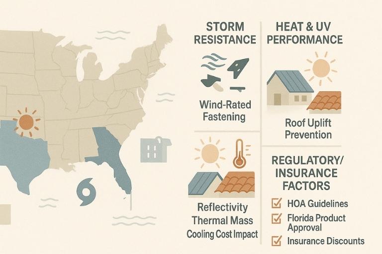 Map and icons showing how roofing costs vary by region, climate, building codes, and storm resilience in Florida and beyond.