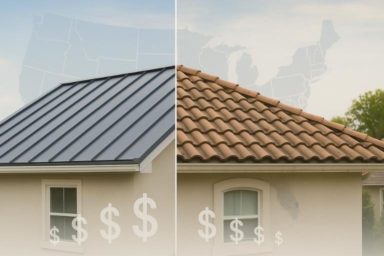 Split view of metal vs tile roof with cost icons and U.S. map background showing long-term roofing cost comparison.