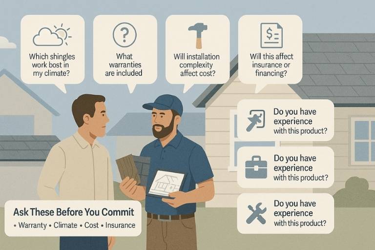 Homeowner and roofing contractor discussing key questions about asphalt shingle types, warranties, cost, and climate fit