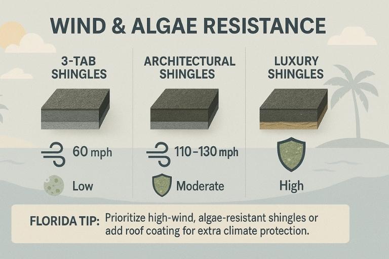 Chart comparing wind and algae resistance of 3-tab, architectural, and luxury shingles for Florida roofing needs
