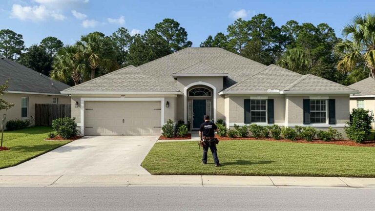 Florida home with new architectural shingles and RayPro contractor inspecting roof