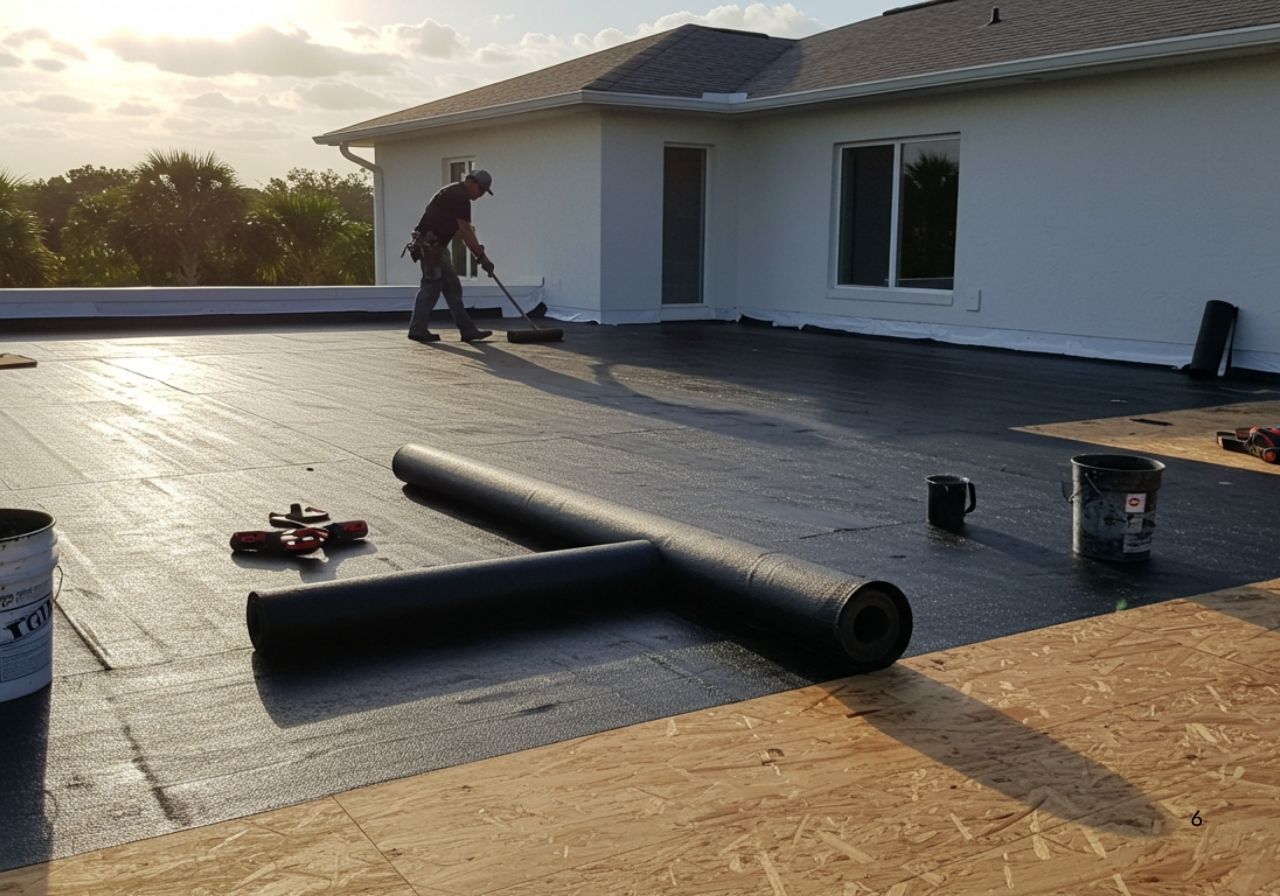 Self-adhered membrane on flat commercial roof with water pooling prevention