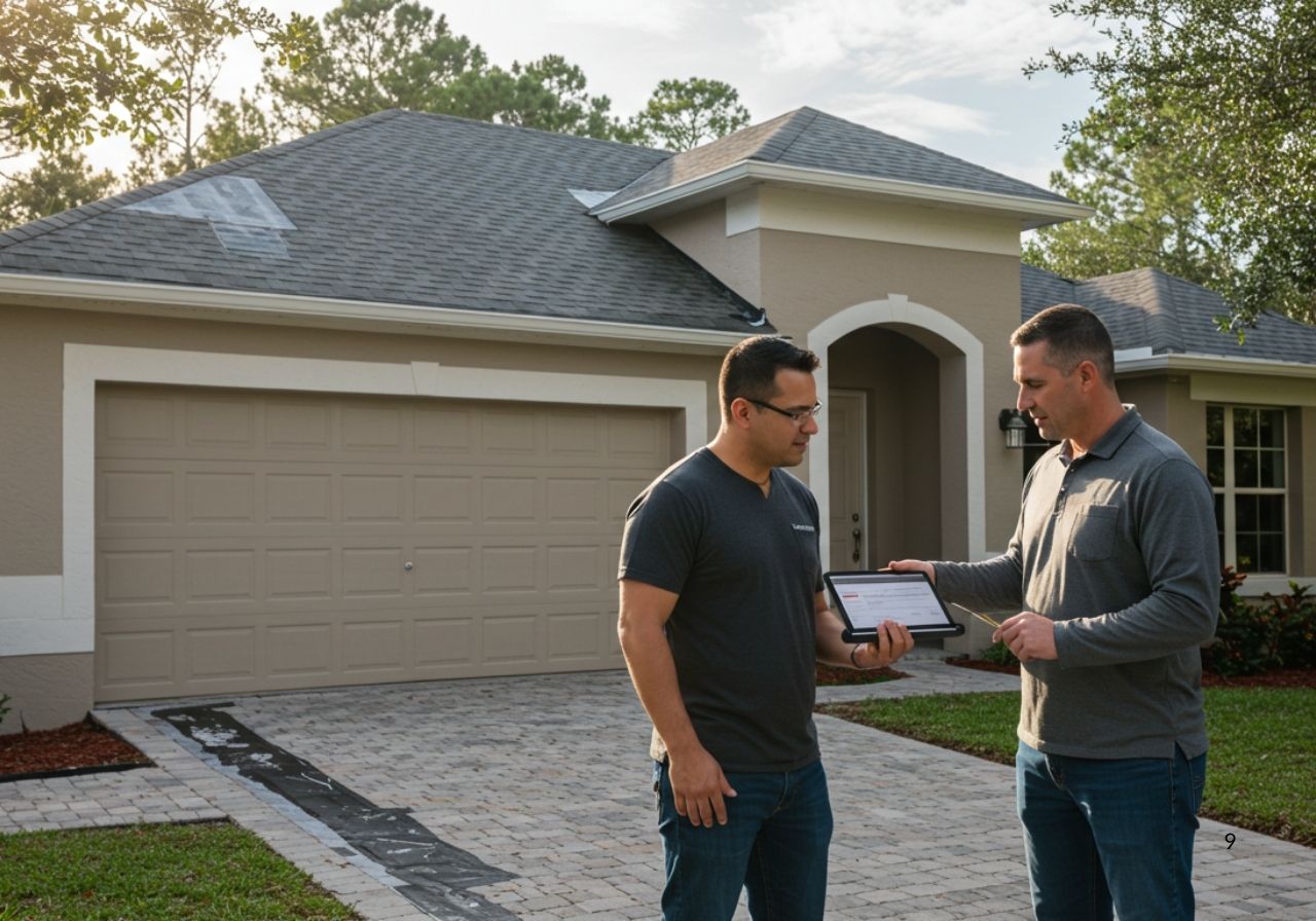 Florida homeowner and roofing contractor reviewing finished roof with new shingles and underlayment documentation for long-term protection
