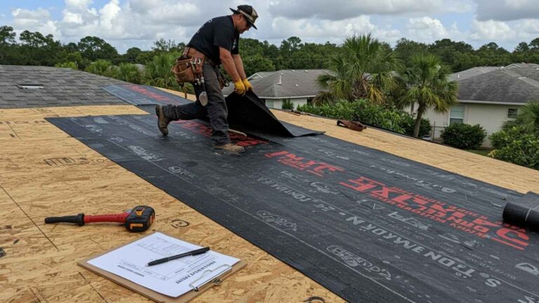 Roofers installing fire-rated underlayment on a Florida home, meeting building code compliance standards.