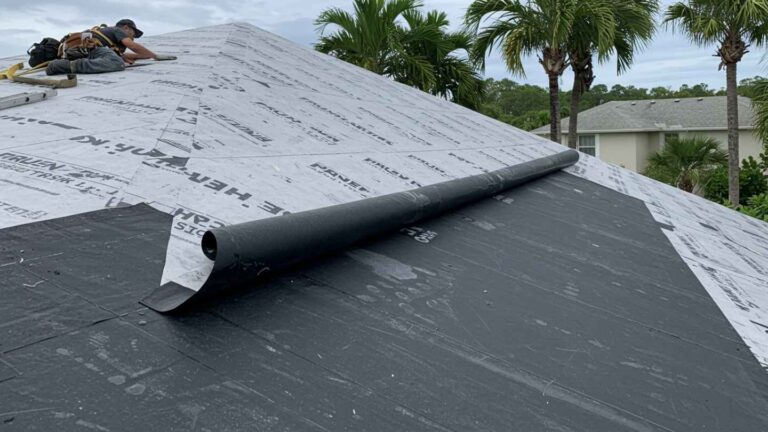 Contractor installs peel-and-stick roof underlayment on a Florida home, boosting storm protection and roof durability.