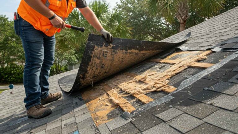 Florida roofing contractor inspecting worn roof underlayment beneath shingles on coastal home