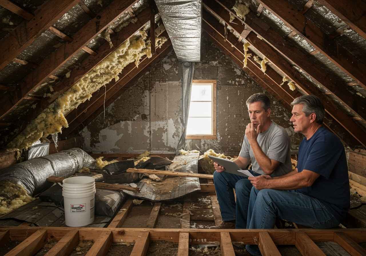 Severe attic water damage from delayed roof underlayment replacement in Florida home