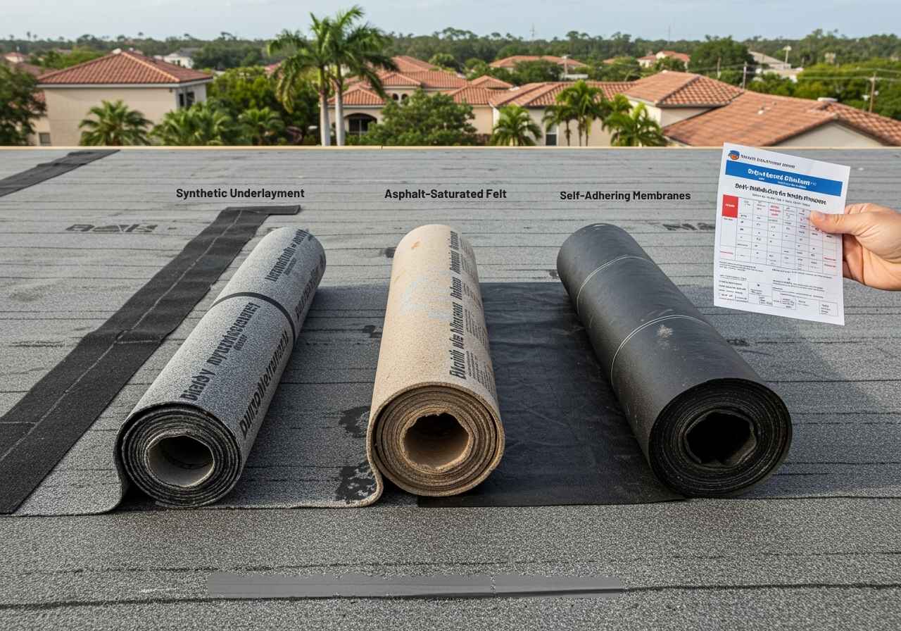 Three fire-rated roof underlayment types displayed side by side, showing material differences for code-compliant projects.
