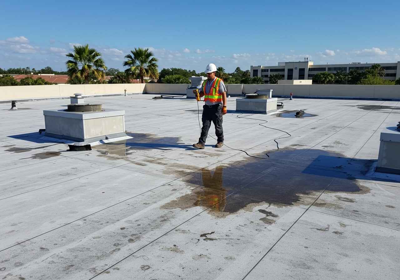Roofer inspecting flat commercial roof in Florida for underlayment and moisture damage