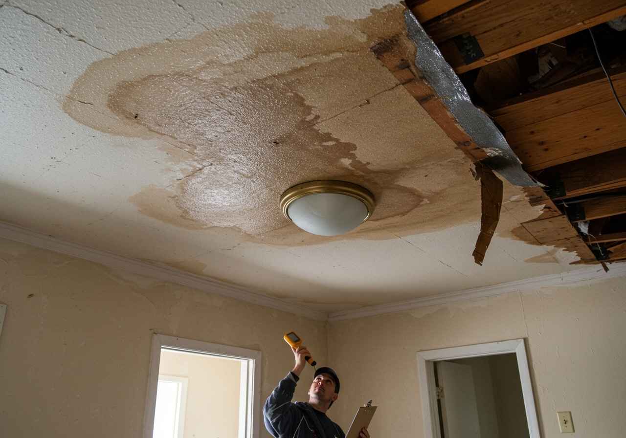 Ceiling water stains in Florida property caused by failing roof underlayment