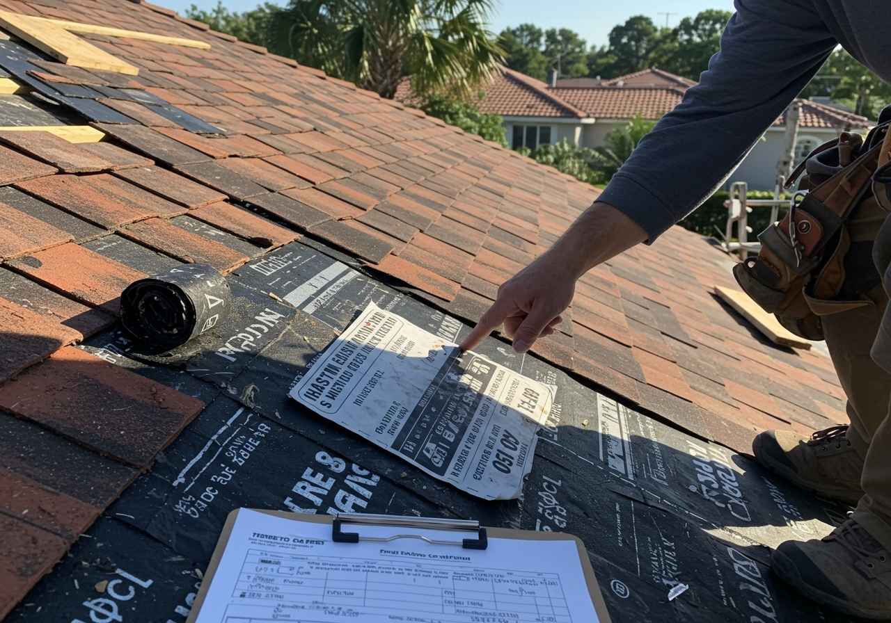 Certified fire-rated roof underlayment installed beneath tiles on a Florida home, meeting ASTM E108 fire safety codes.