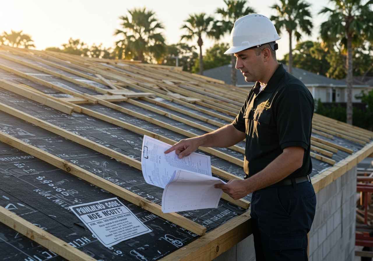 Inspector reviews roofing plans with visible fire-rated underlayment, ensuring code compliance in a Florida build zone.