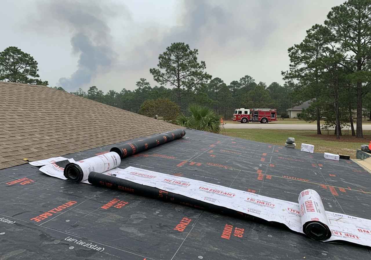 Roofers install fire-rated underlayment as smoke rises nearby, highlighting roofing safety and wildfire code compliance.