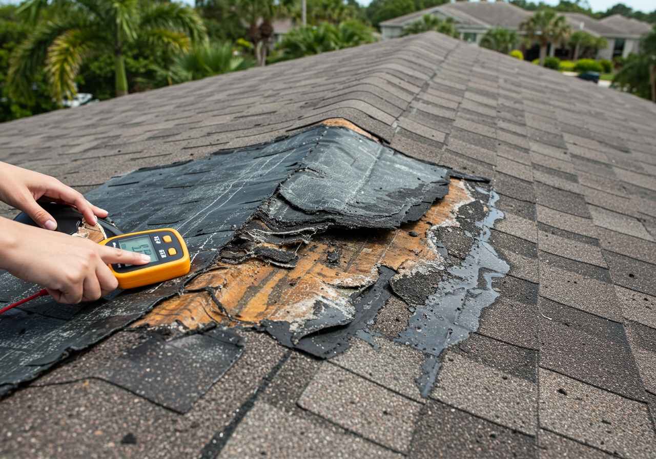 Damaged roof underlayment exposed during inspection of Florida home