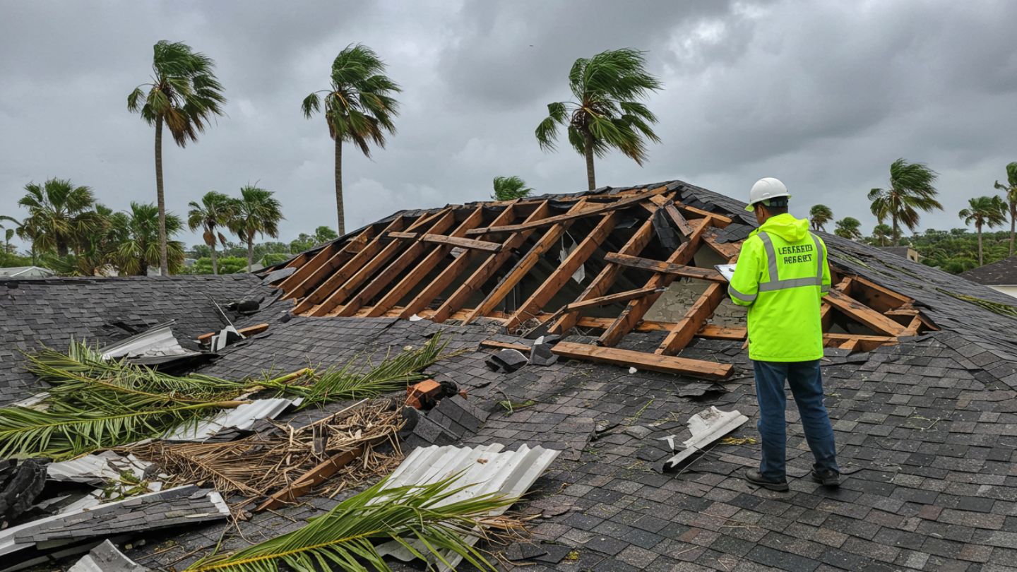 Storm-damaged roof with visible truss misalignment and water intrusion