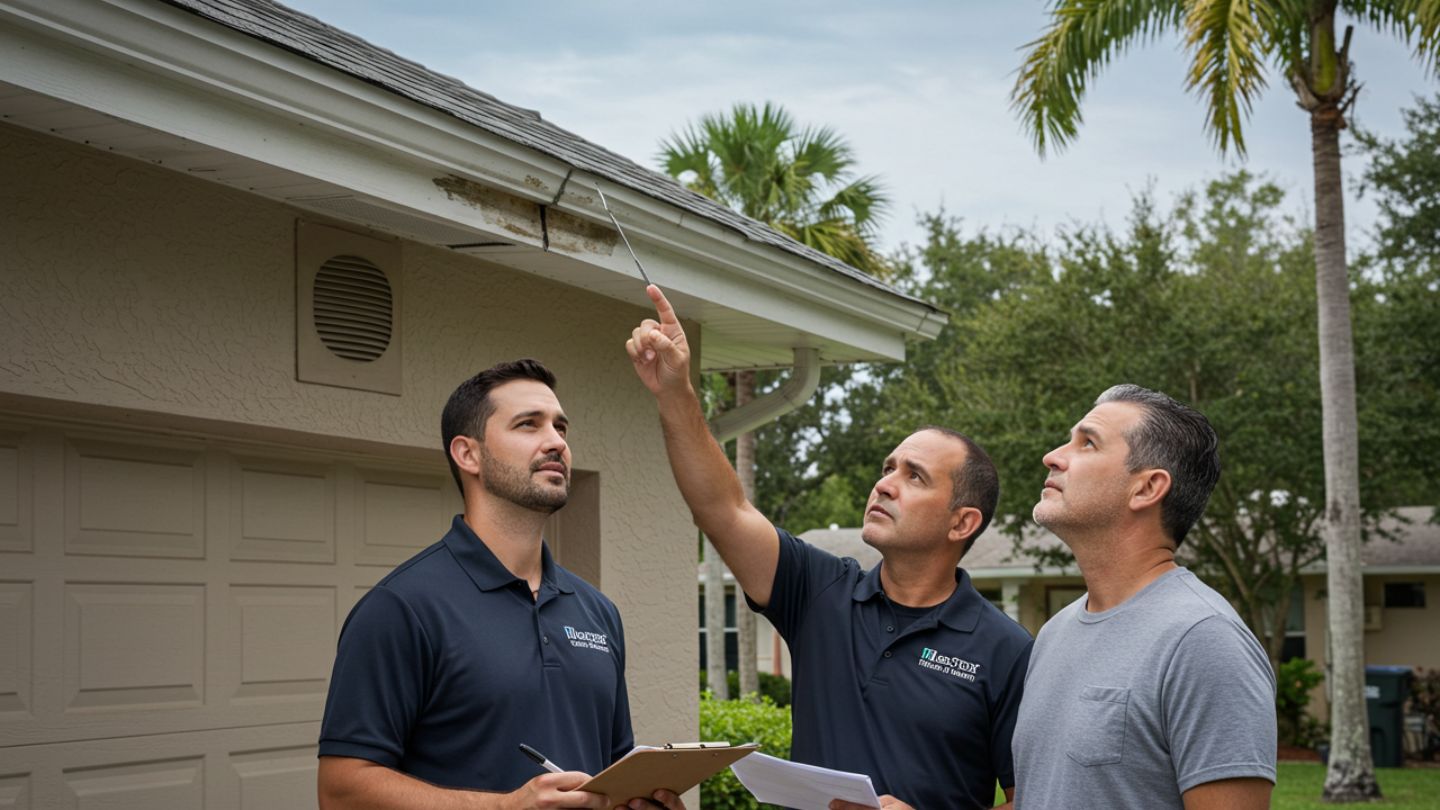 Property owner reviewing inspection report with contractor after roof truss repair