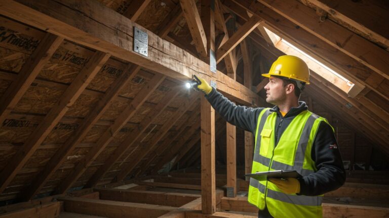 Damaged roof truss with professional contractor inspecting structural integrity