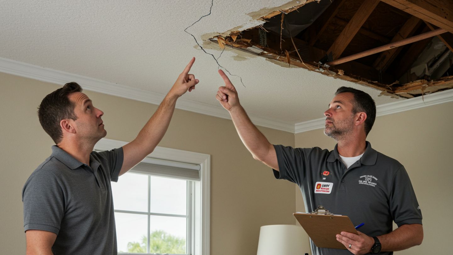 Ceiling cracks and sagging roofline indicating possible truss failur