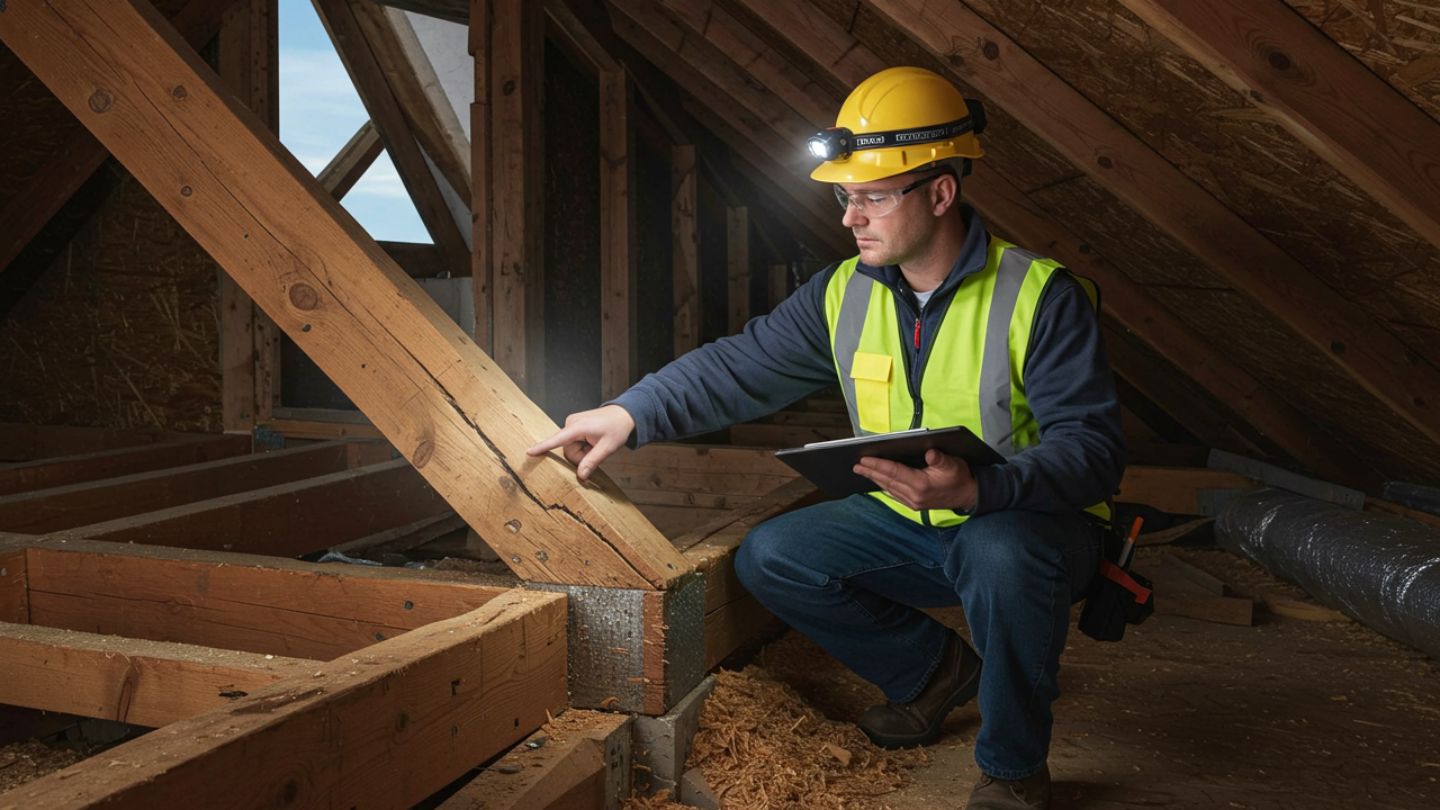 Contractor performing sistering repair on wooden roof truss in attic