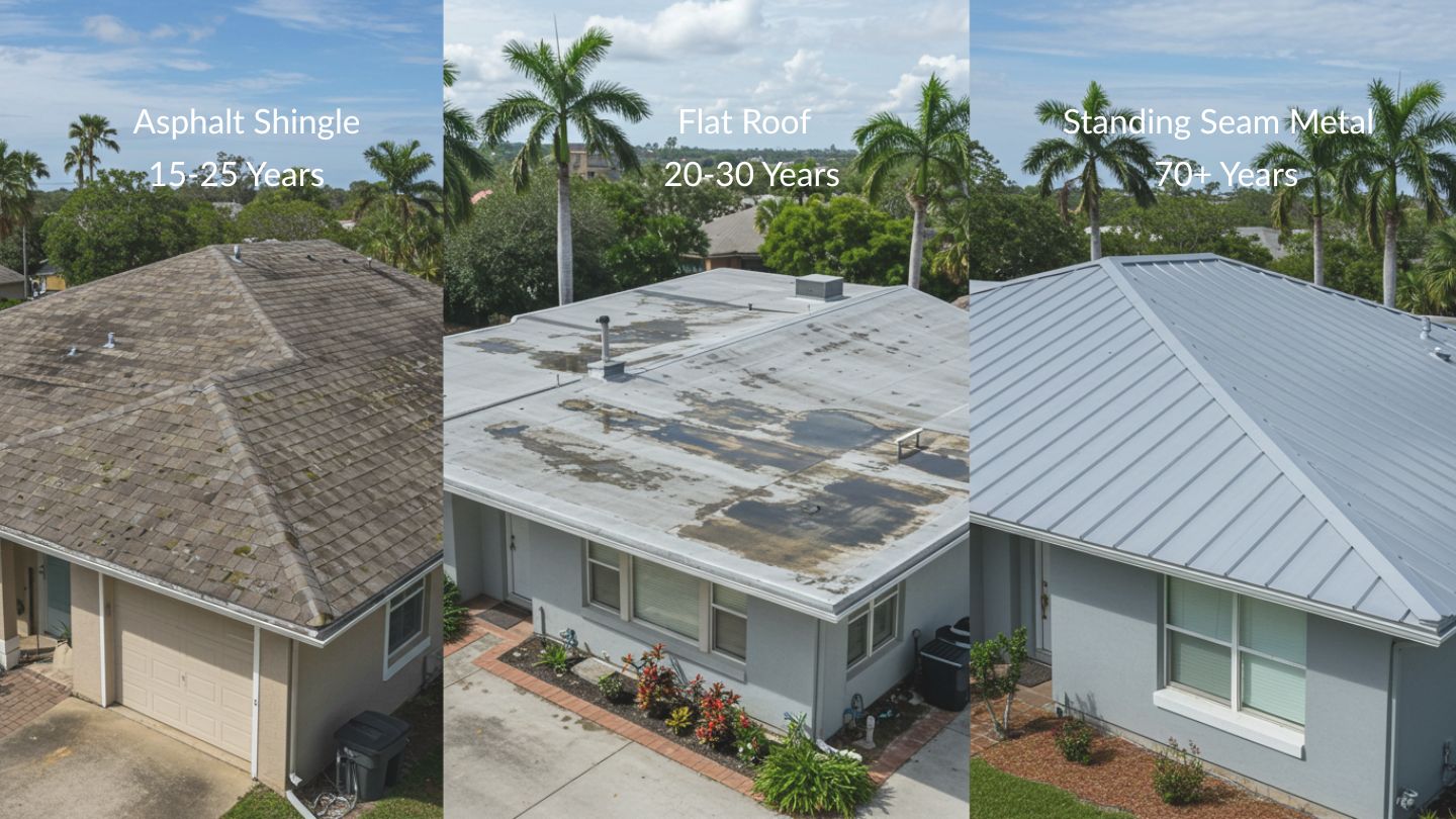 Table comparing metal roof lifespan by material: aluminum, steel, Galvalume